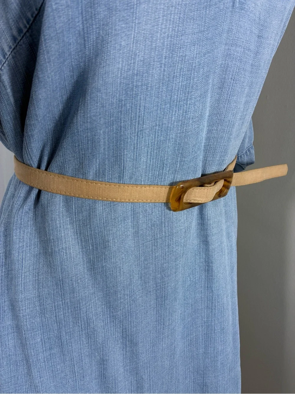 Womens belt 34” Tan fabric covered Tortoiseshell Rectangular Buckle 70s vibe